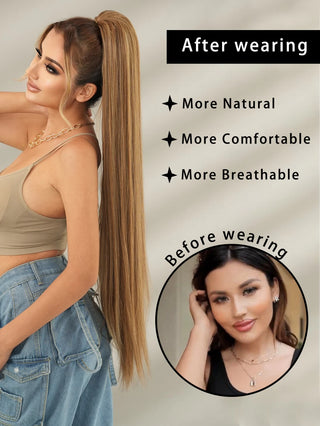 Coada clip-on par drept 100 cm, foarte deasa, in nuanta light harvest blonde pentru coafuri elegante